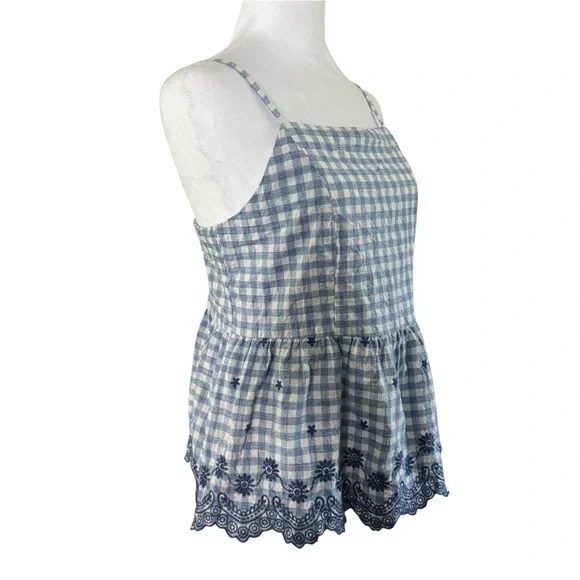 Blue Rain Gingham Embroidered Peplum Tank Top Medium - Picture 3 of 10